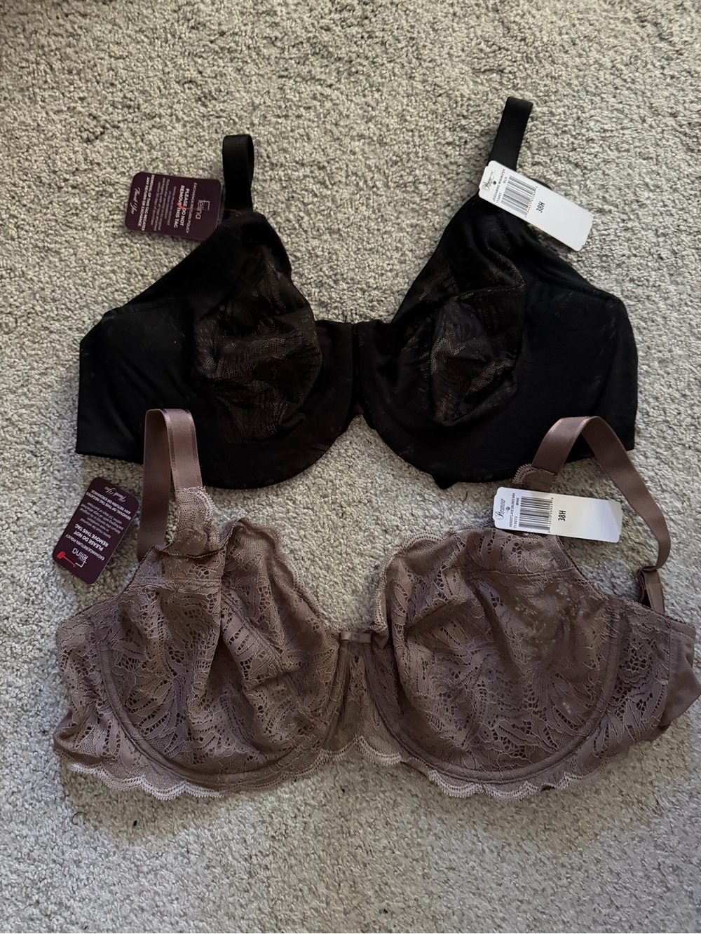 2 NWT Lace Underwire Unpadded Bras - Black and Taupe